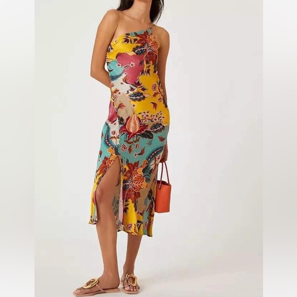 Anthropologie One-Shoulder Floral Midi Dress in Yellow, Teal, Pink